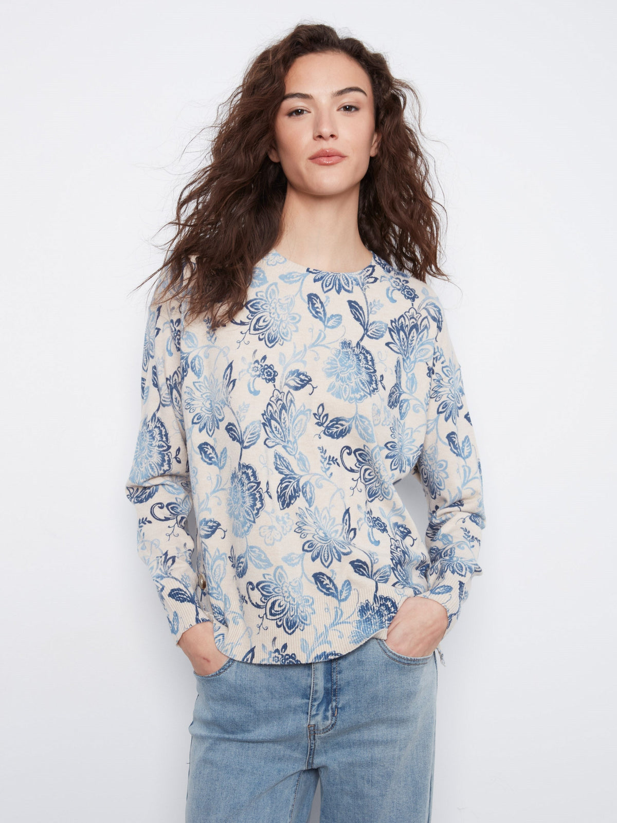 Printed Sweater With Side Buttons - Velora