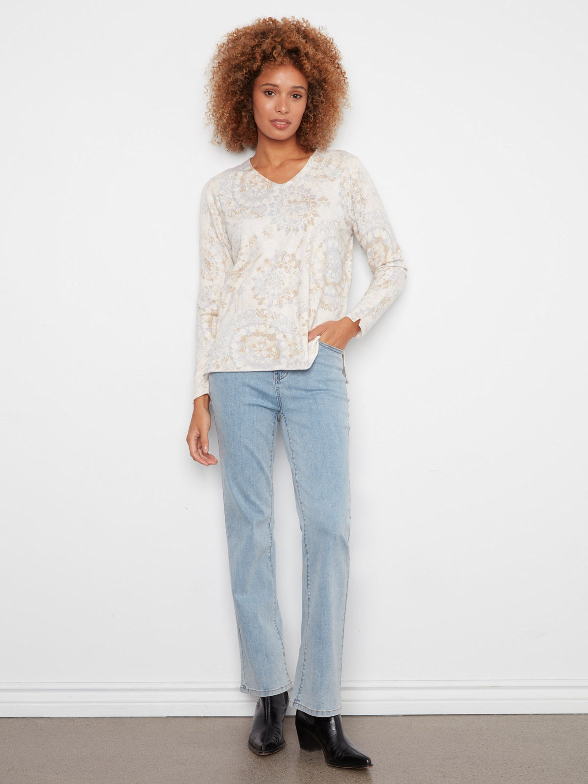 Printed V-Neck Sweater - Timeless