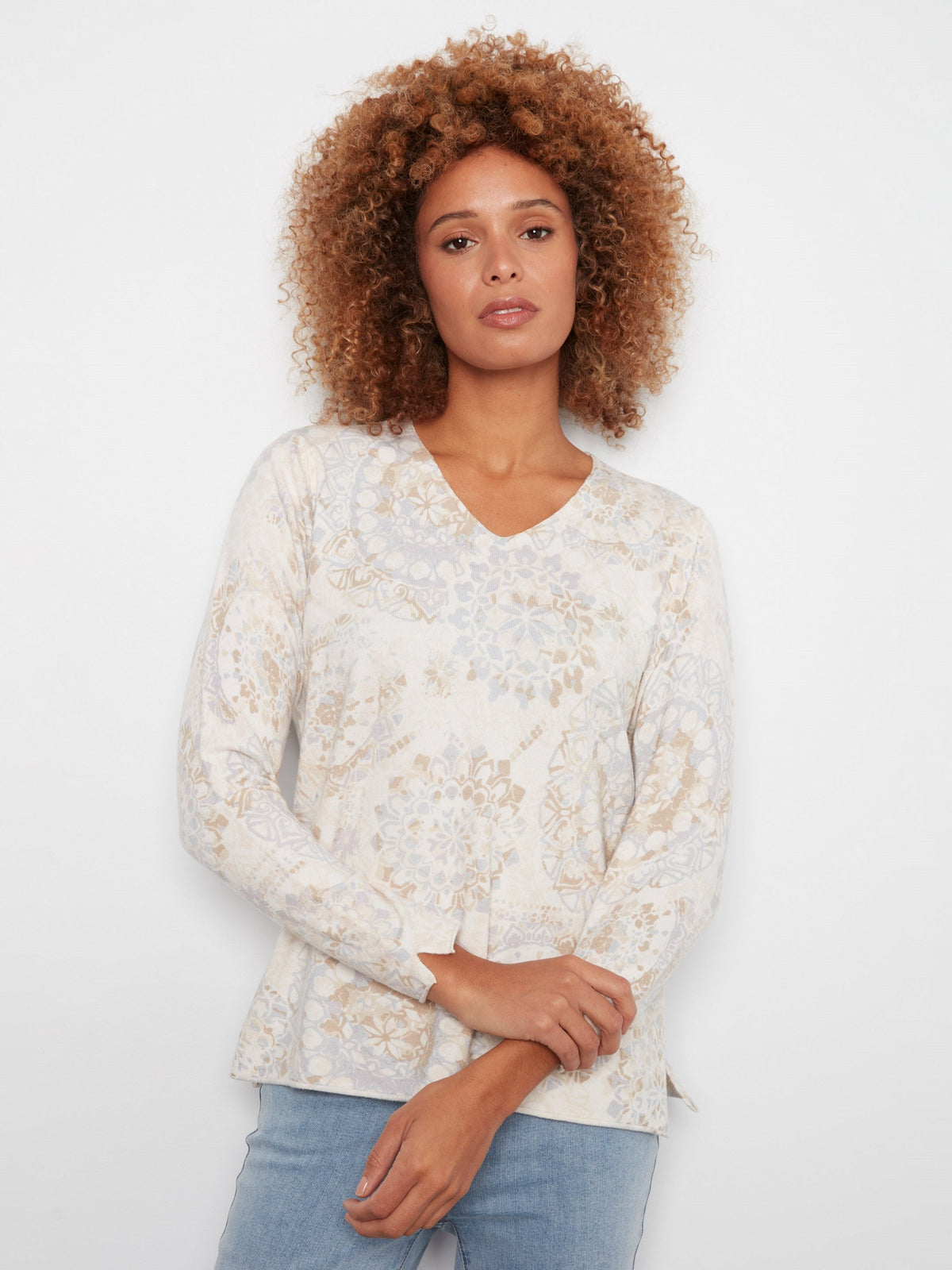 Printed V-Neck Sweater - Timeless