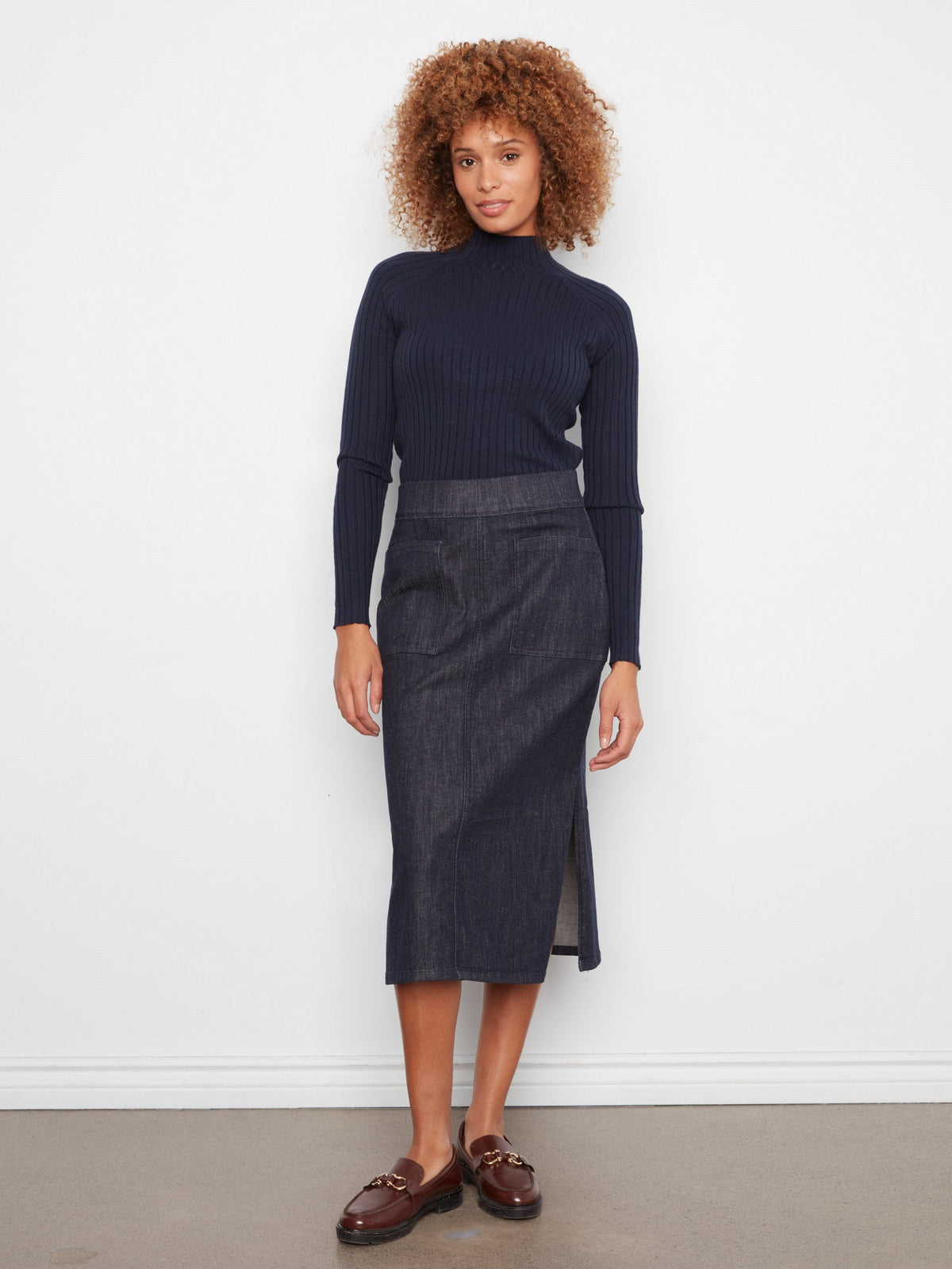 Pull-On Stretch Denim Midi Skirt - Deep Blue