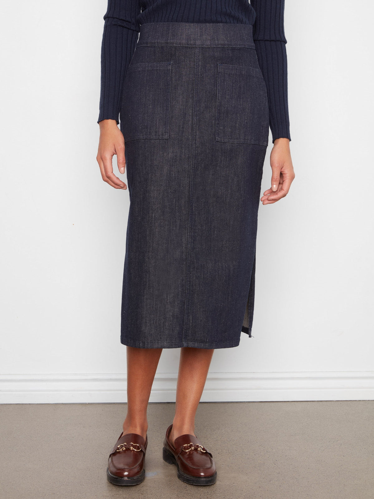 Pull-On Stretch Denim Midi Skirt - Deep Blue