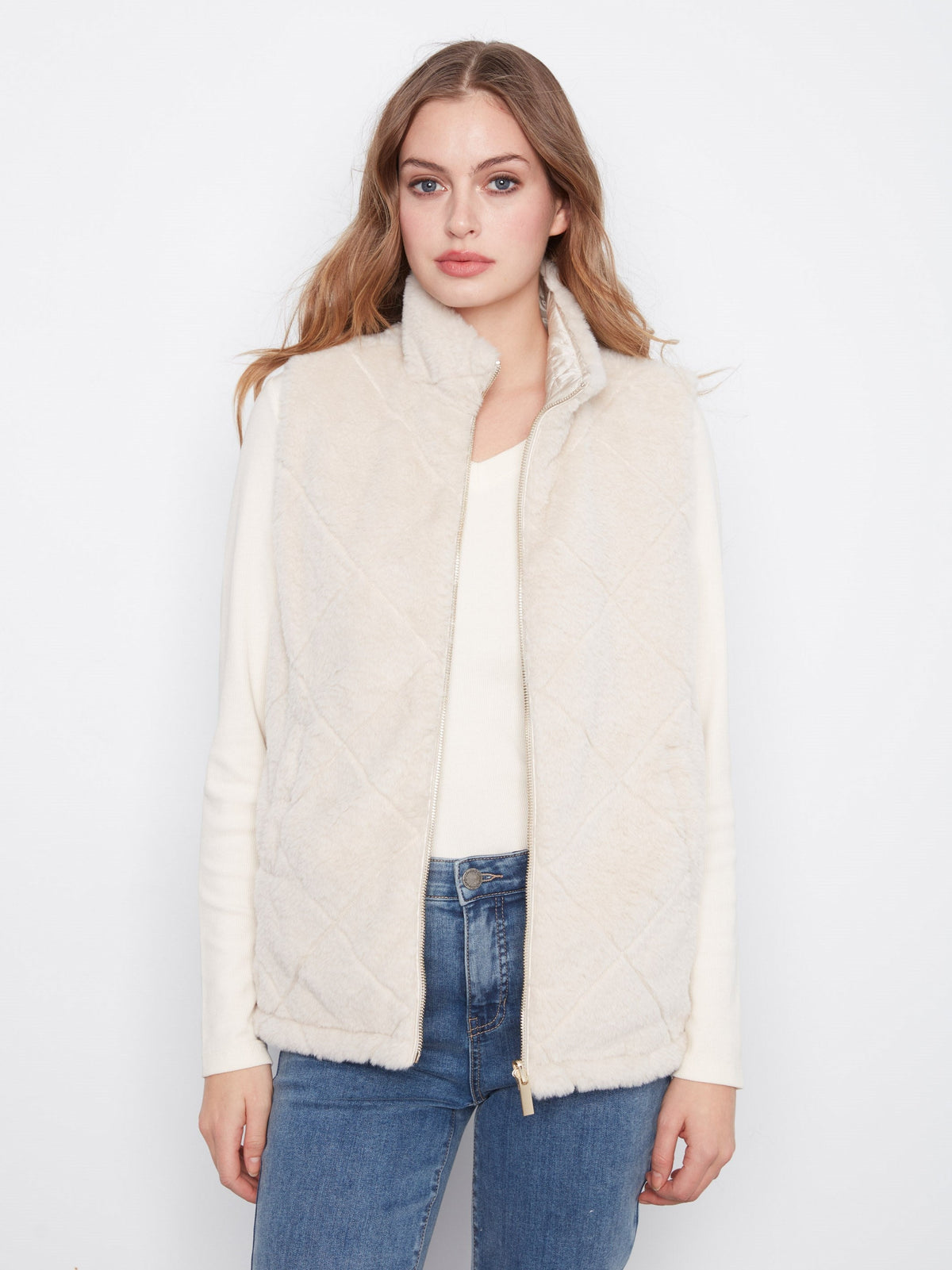 Reversible Faux Fur Quilted Vest - Pearl