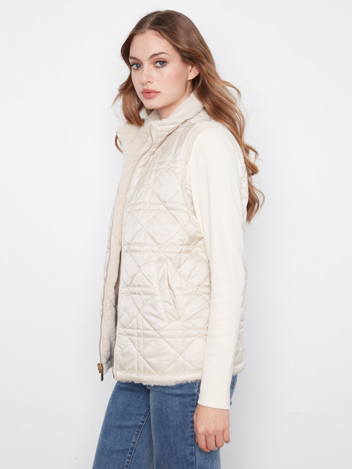 Reversible Faux Fur Quilted Vest - Pearl