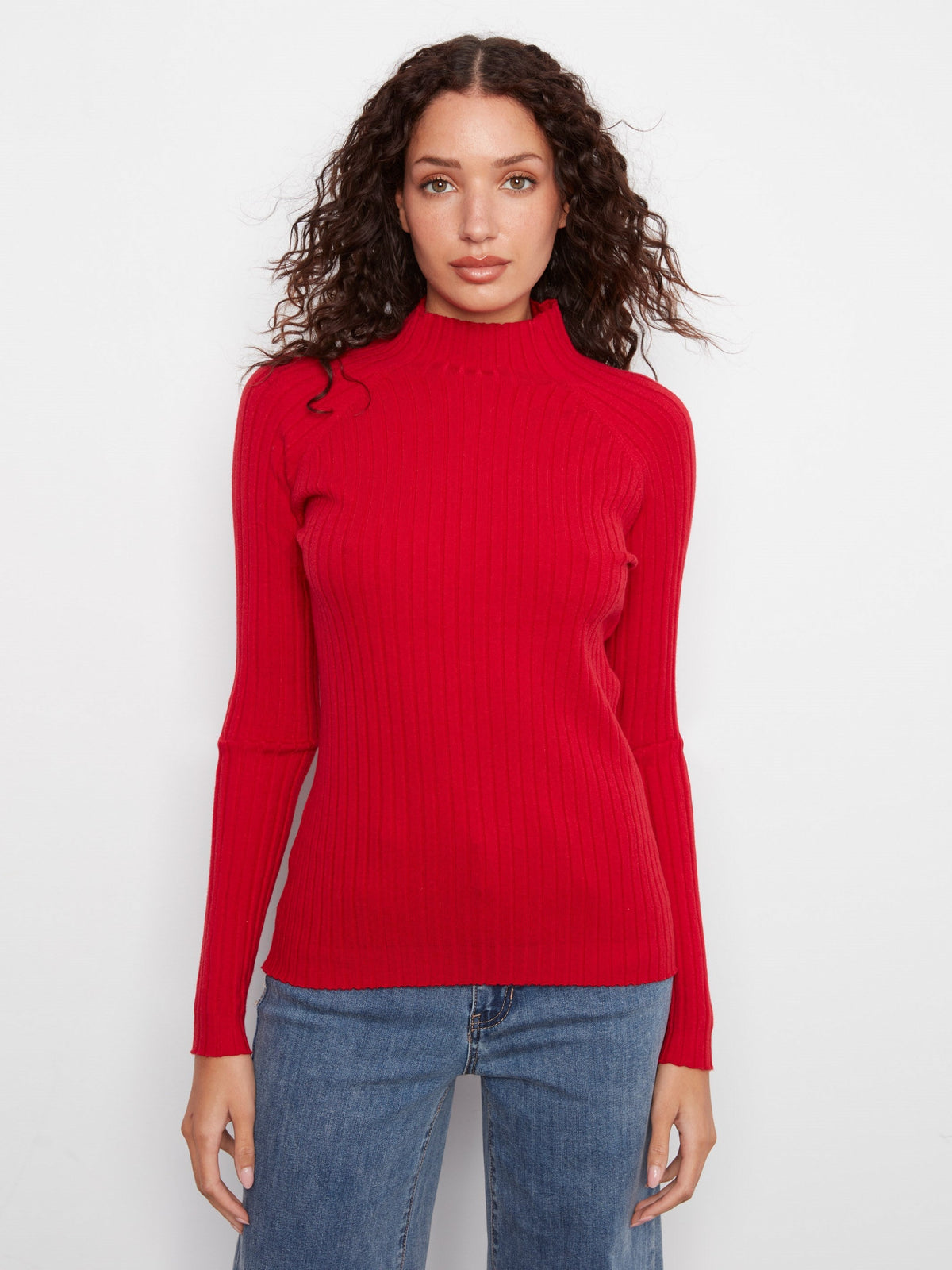 Ribbed Knit Mock Neck Sweater - Equestrian