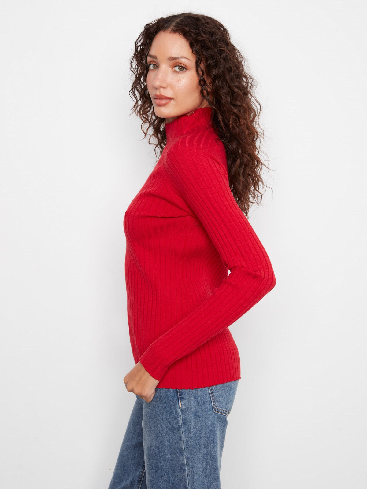 Ribbed Knit Mock Neck Sweater - Equestrian