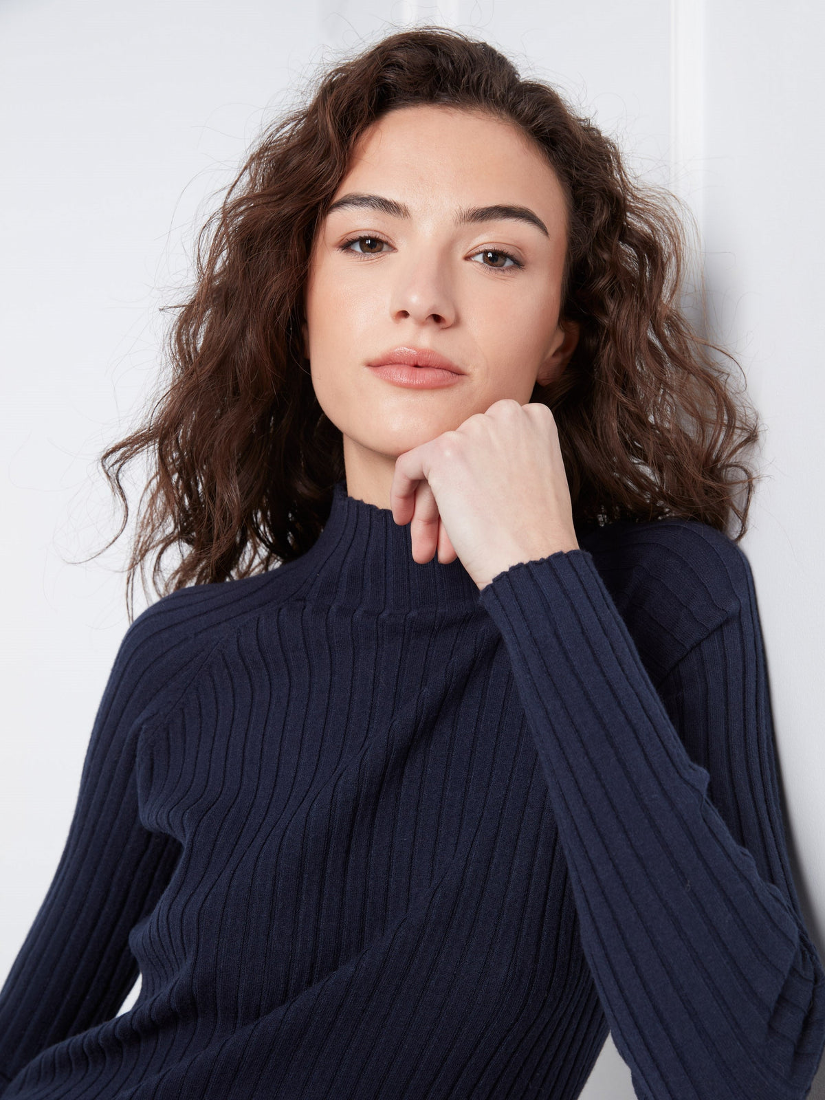 Ribbed Knit Mock Neck Sweater - Navy