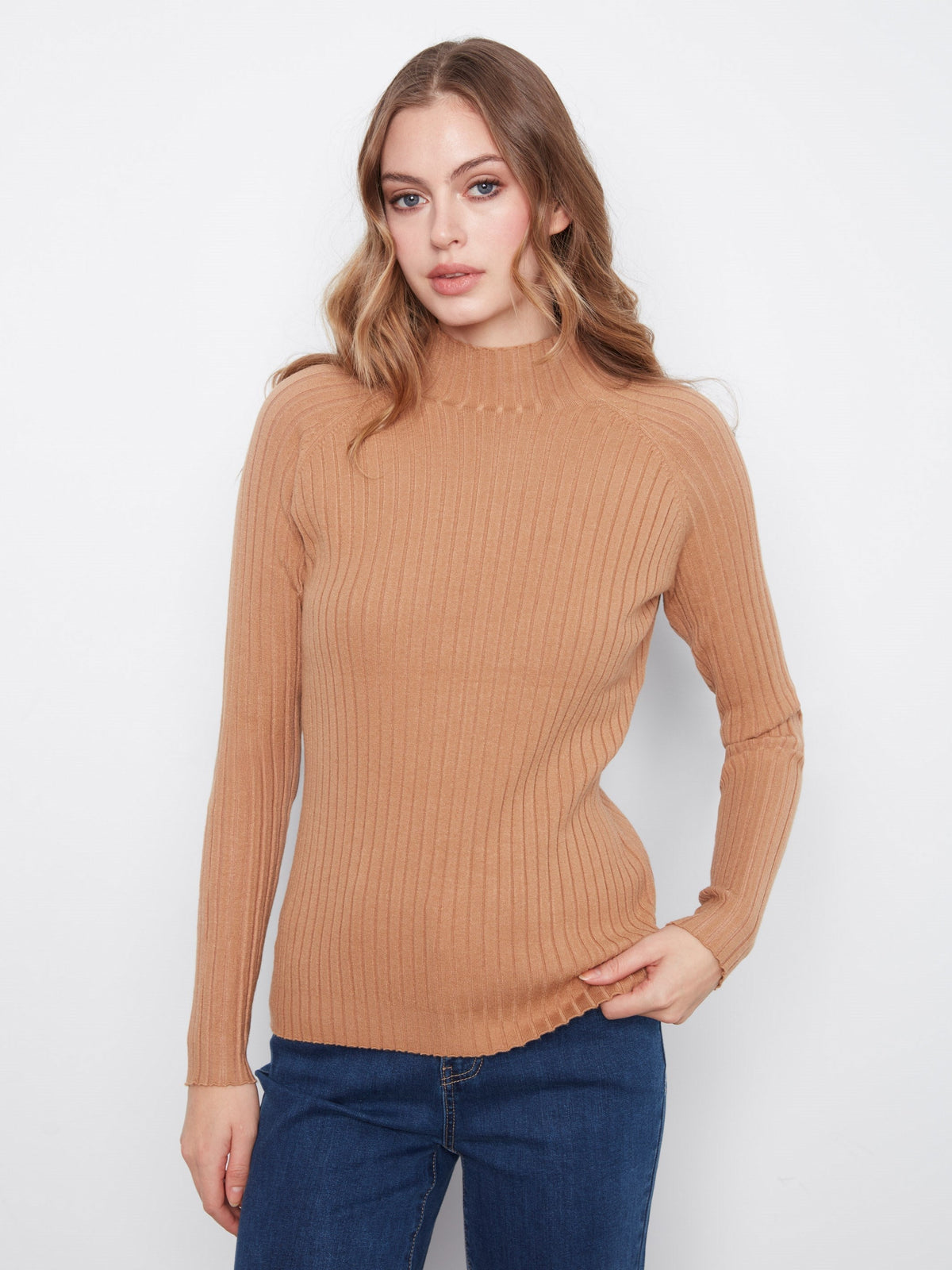 Ribbed Knit Mock Neck Sweater - Truffle