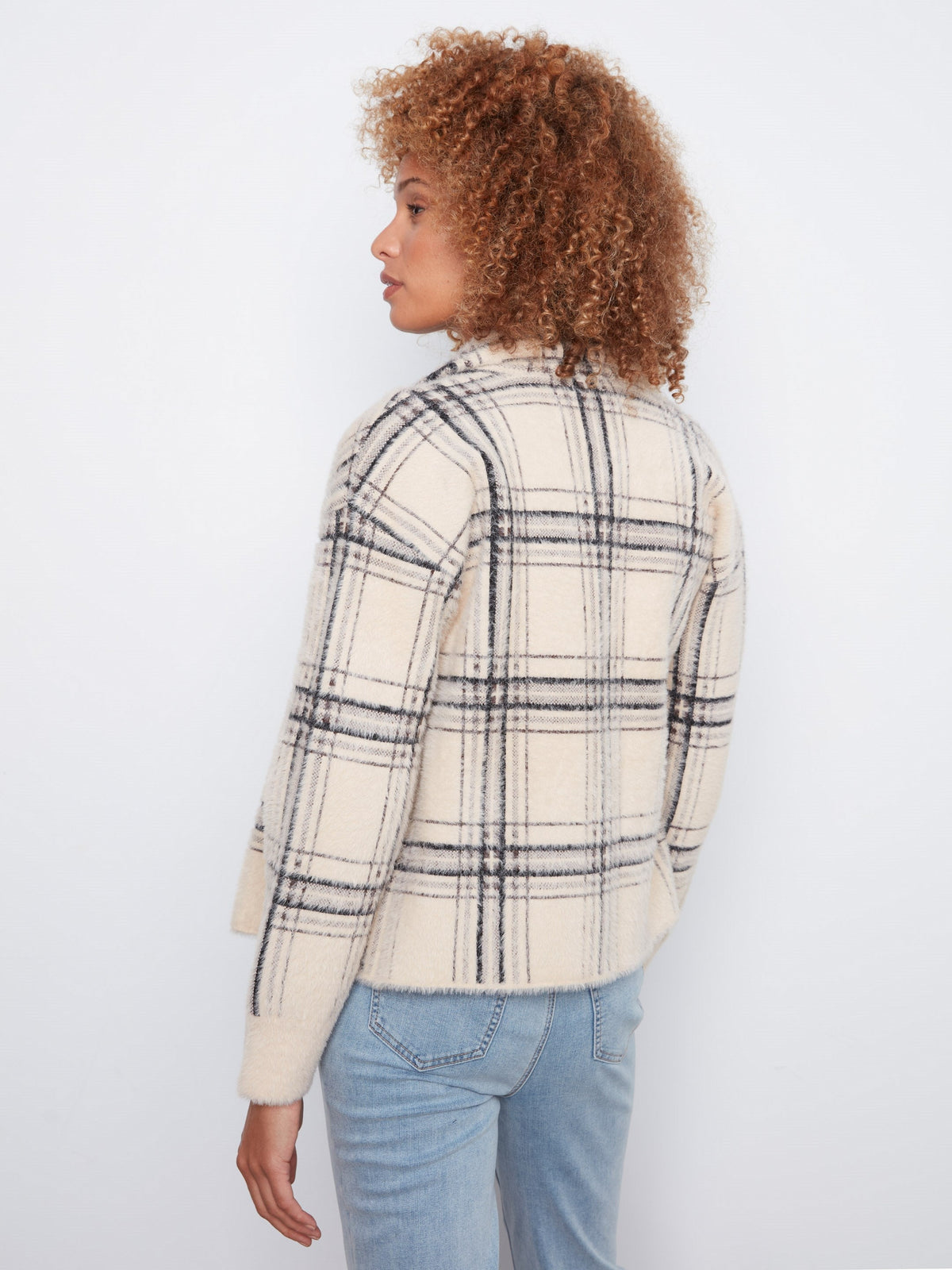 Short Plaid Knit Jacket - Oatmeal