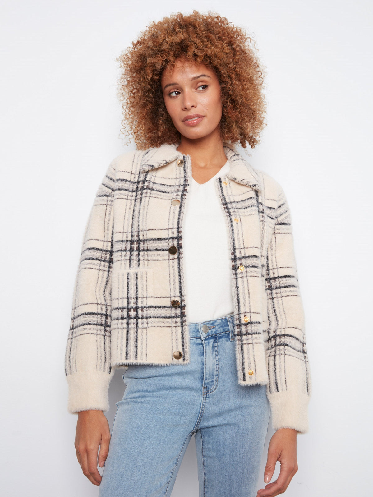 Short Plaid Knit Jacket - Oatmeal