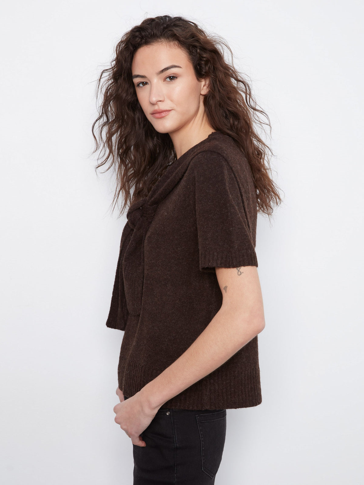 Short Sleeve Sweater With Sleeve Detail - Coffee