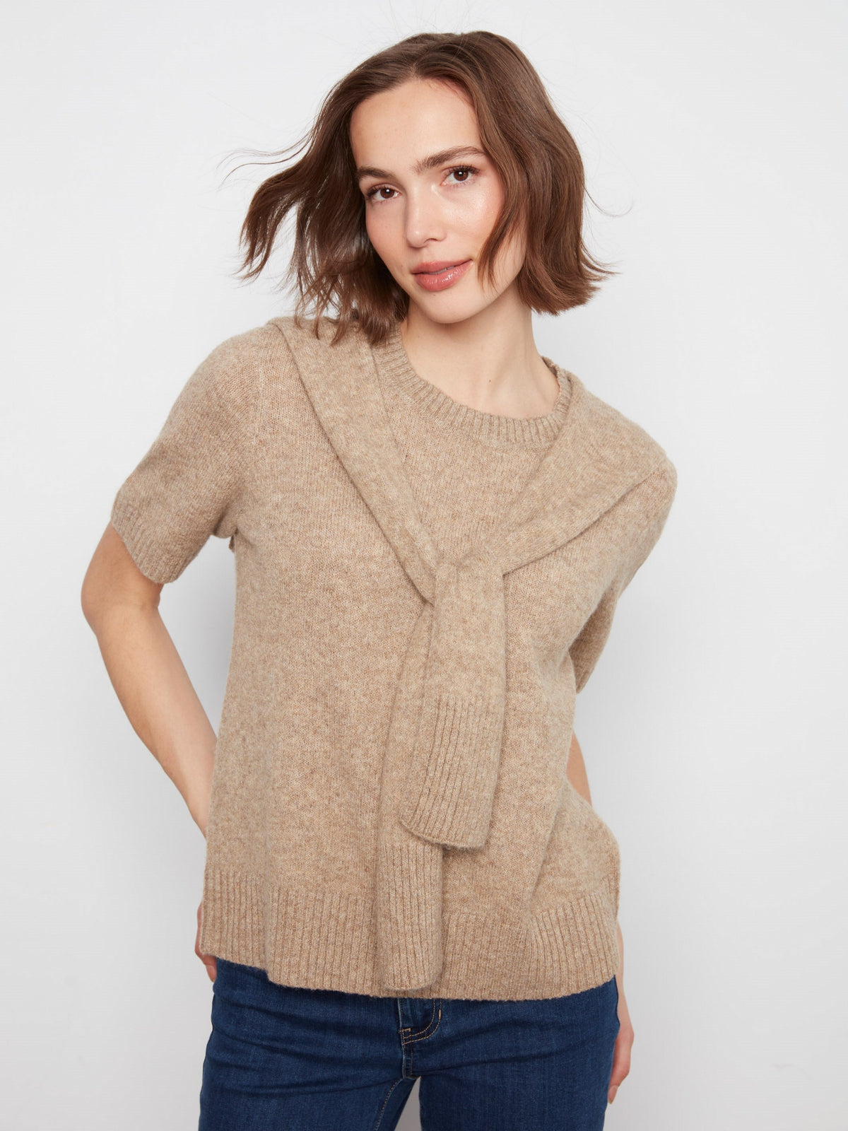 Short Sleeve Sweater With Sleeve Detail - Truffle