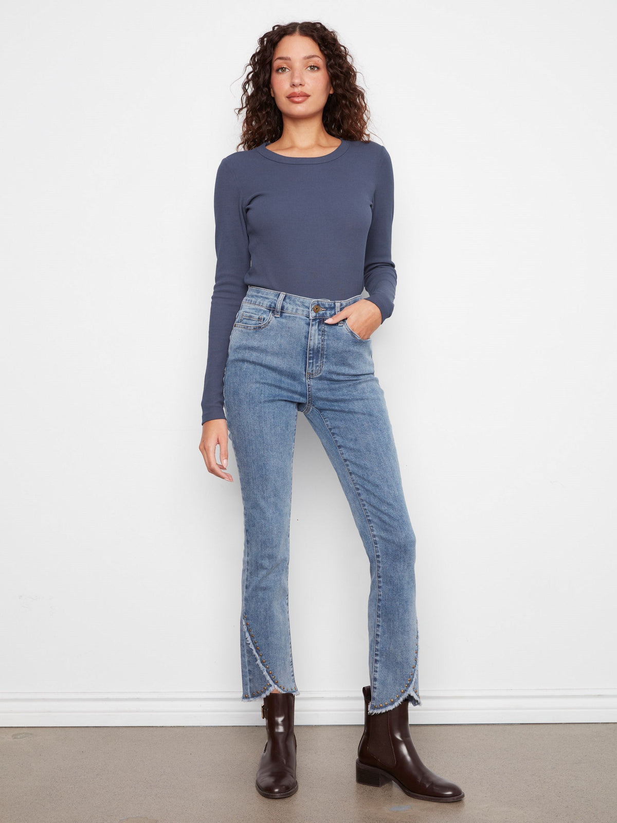 Slim Leg Jeans With Studded Tulip Hem - Medium Blue
