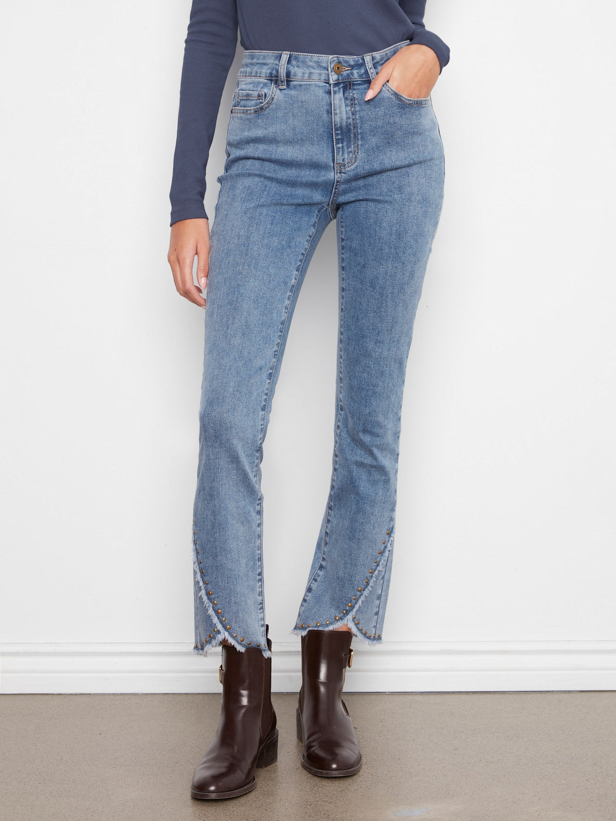 Slim Leg Jeans With Studded Tulip Hem - Medium Blue