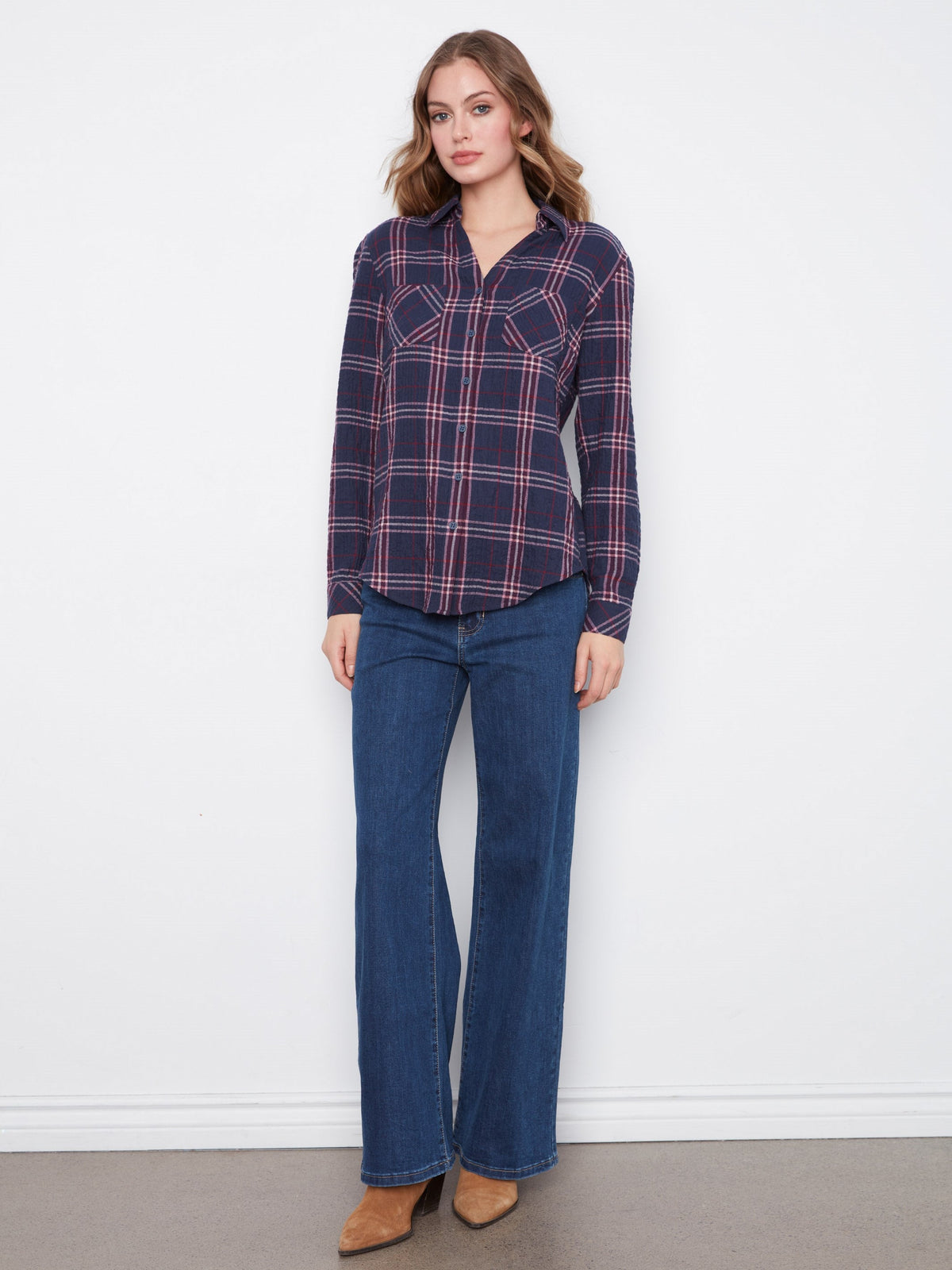 Soft Plaid Button-Front Blouse - Midnight