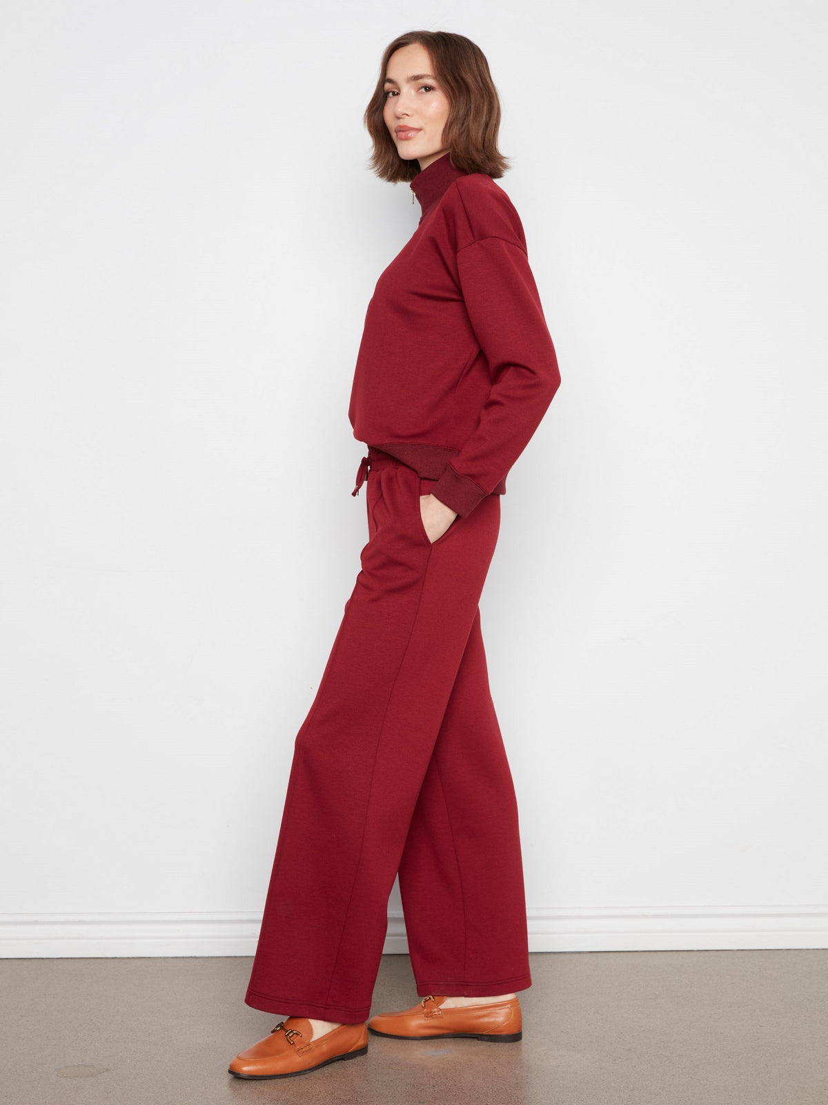 Soft Scuba Wide Leg Jogger Pants - Merlot