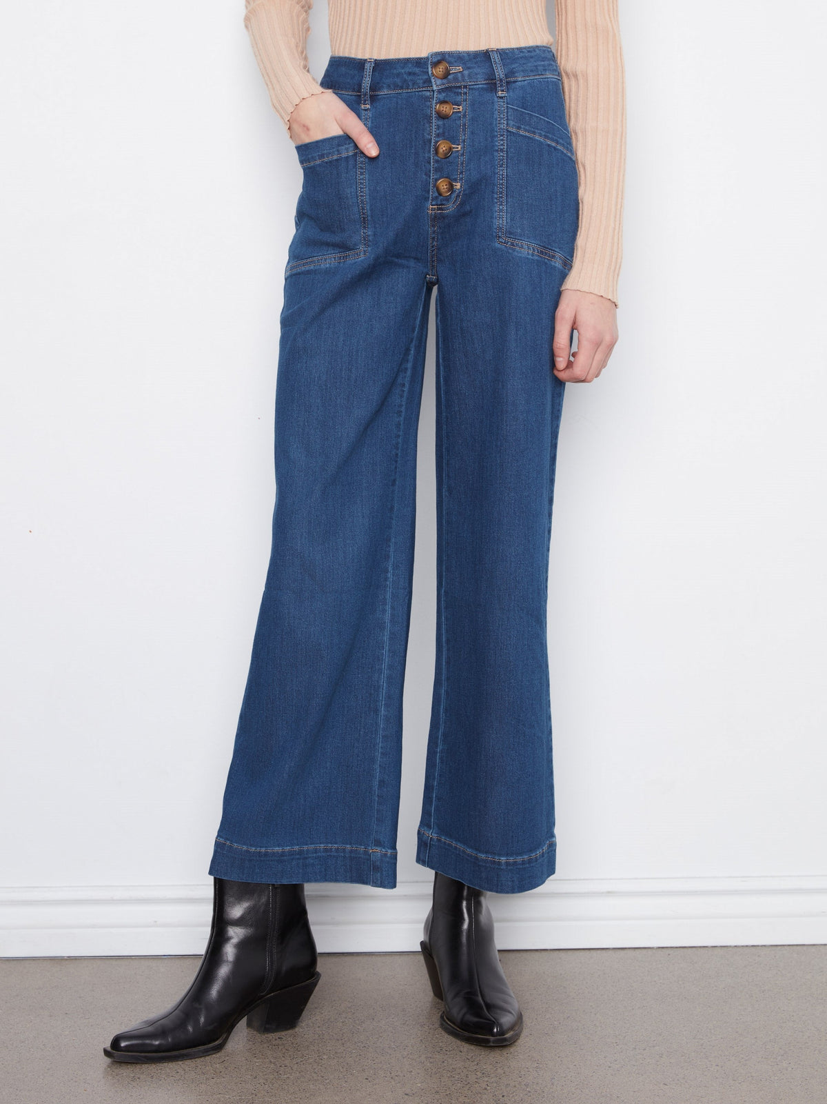 Wide Leg Button Front Jeans With Patch Pockets - Indigo