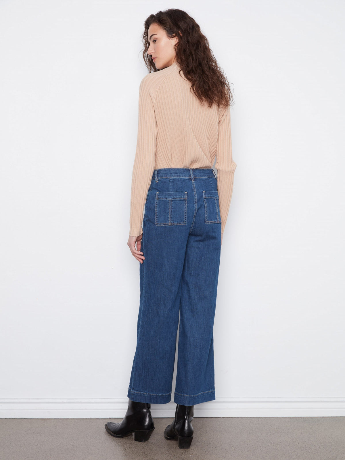 Wide Leg Button Front Jeans With Patch Pockets - Indigo