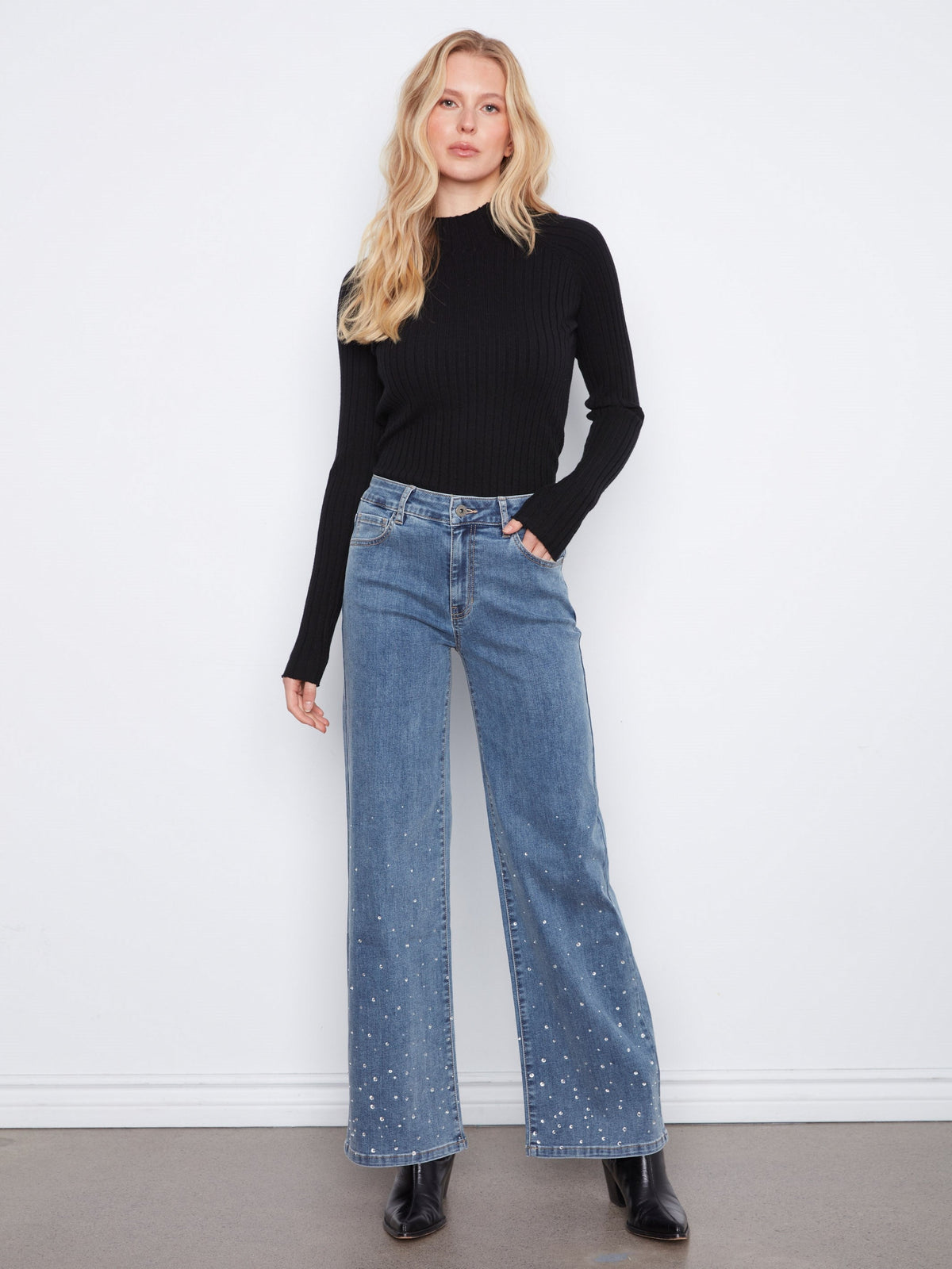 Wide Leg Stretch Jeans With Rhinestones - Medium Blue