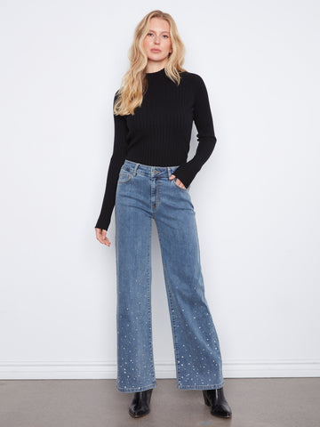 Wide Leg Stretch Jeans With Rhinestones - Medium Blue