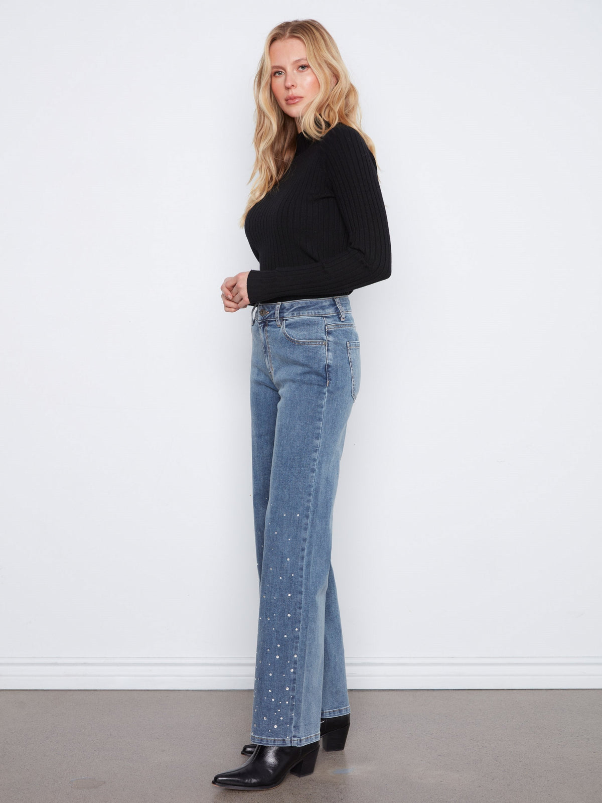 Wide Leg Stretch Jeans With Rhinestones - Medium Blue