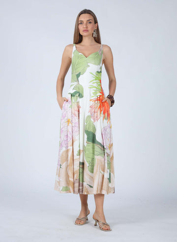 LAILA TROPICAL PRINT V-NECK MAXI DRESS