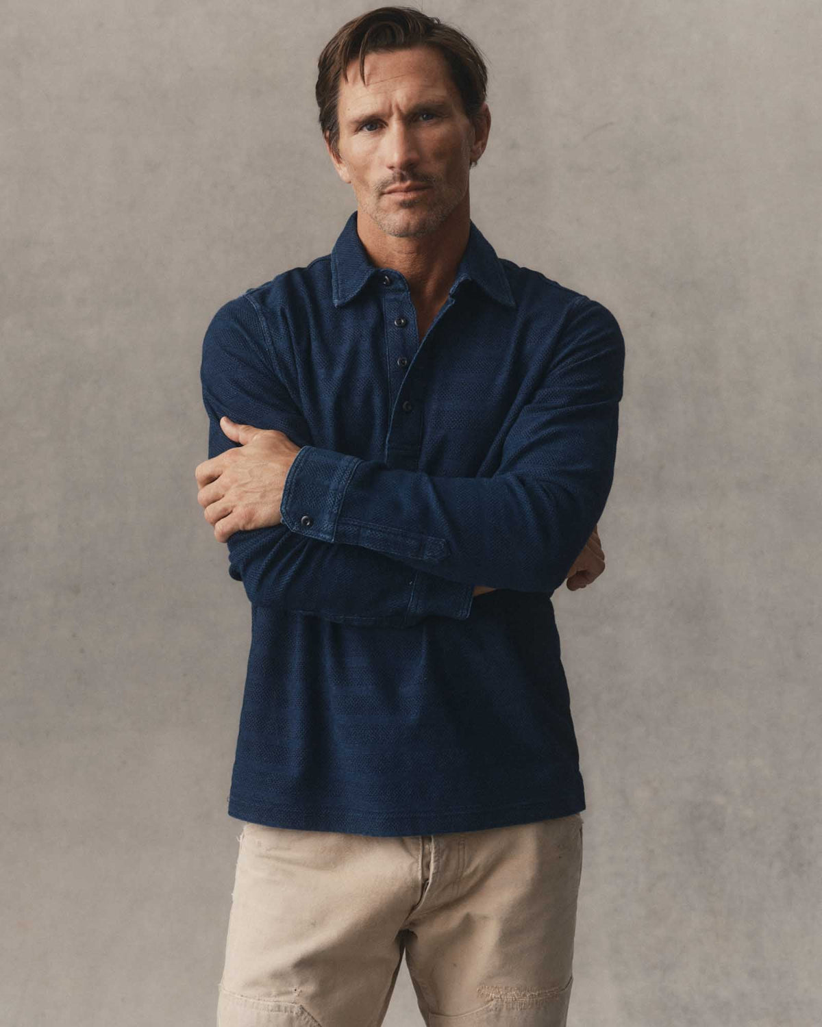 The Long Sleeve Polo in Indigo Knit Stripe