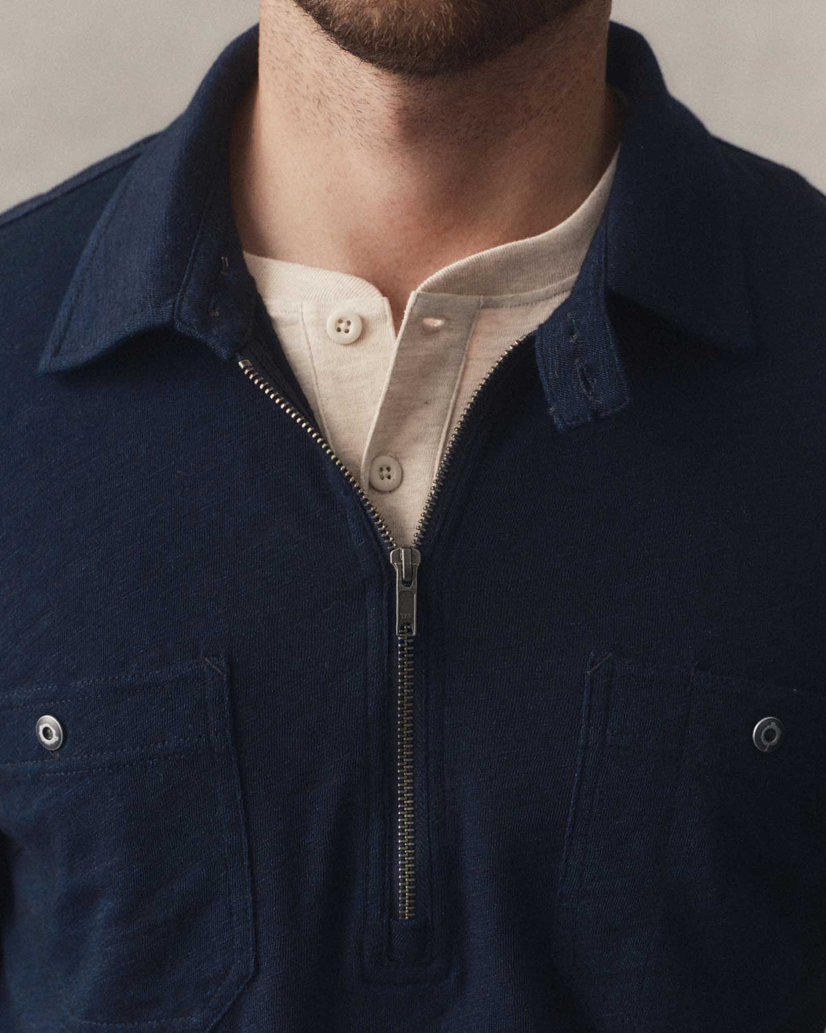 The Tiller Half Zip in Rinsed Indigo Slub