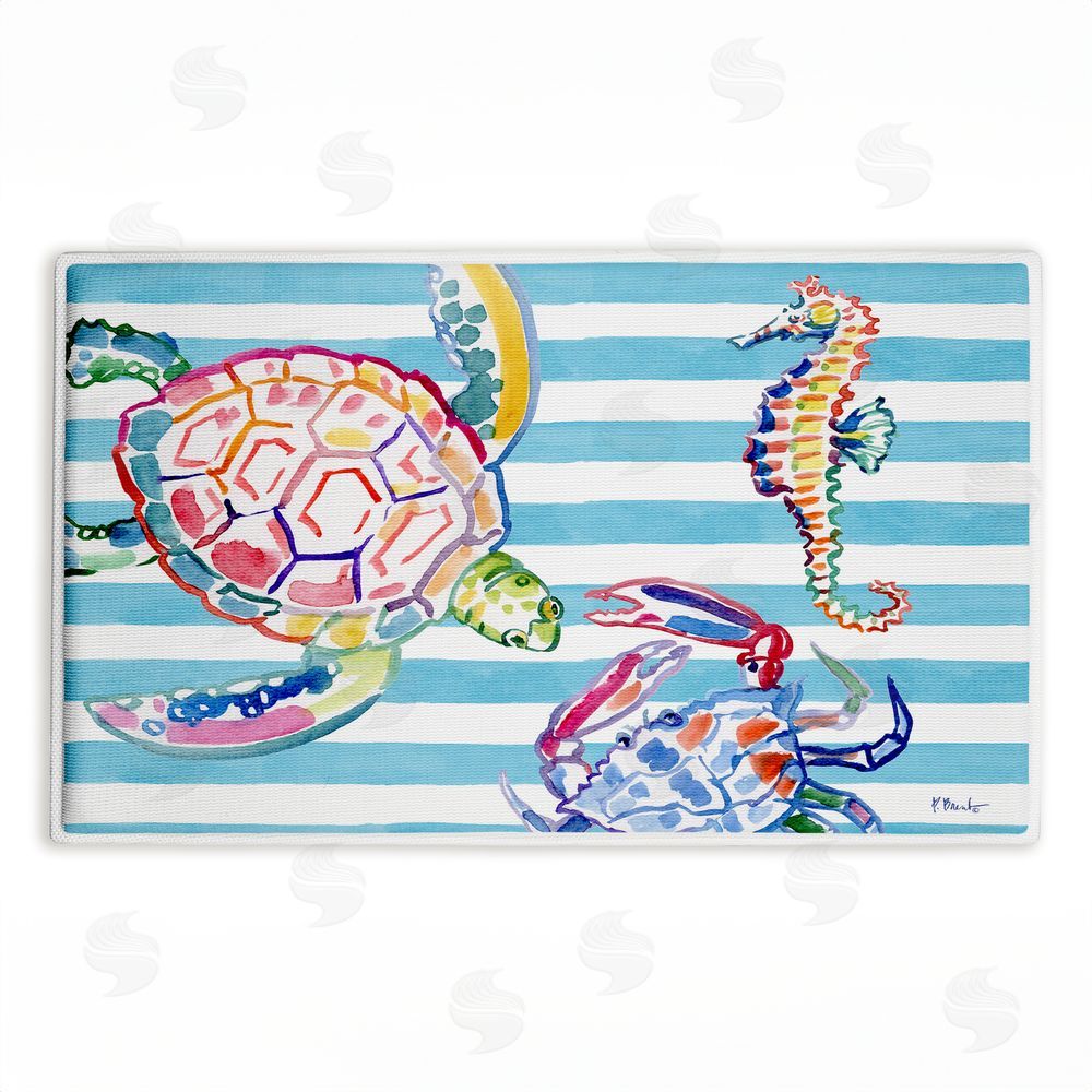 Paul Brent | Brushstroke Sea Life on Stripes Plush Bath Mat