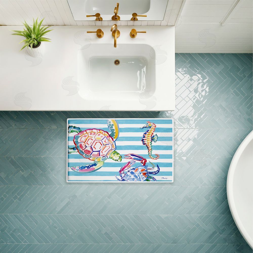 Paul Brent | Brushstroke Sea Life on Stripes Plush Bath Mat