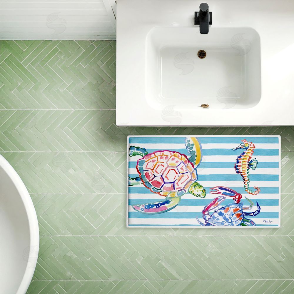 Paul Brent | Brushstroke Sea Life on Stripes Plush Bath Mat