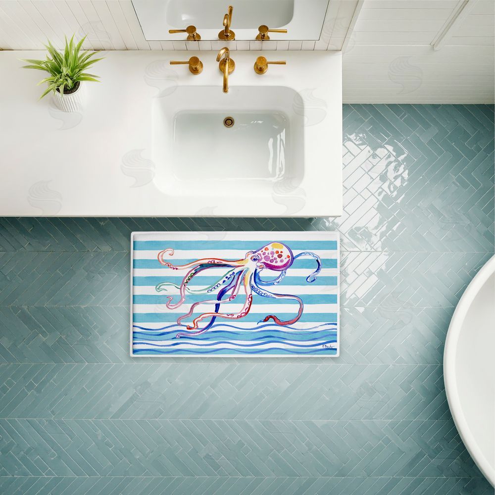 Paul Brent | Brushstroke Octopus on Stripes Plush Bath Mat