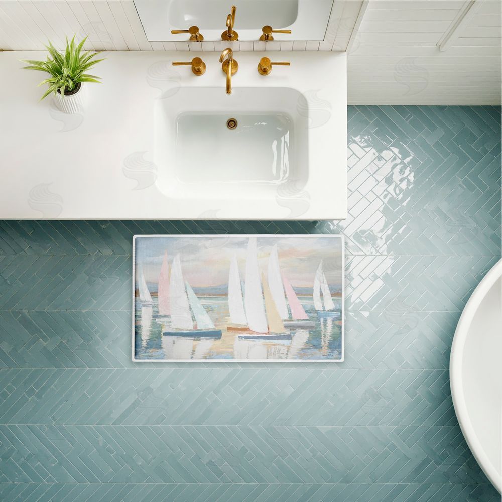 Amber Sterling | Pastel Calm Sailboats Plush Bath Mat