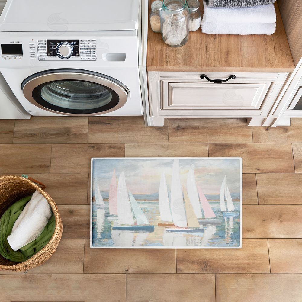 Amber Sterling | Pastel Calm Sailboats Plush Bath Mat