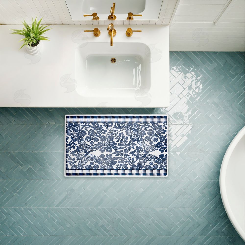 Kim Allen | Navy Gingham Florals Plush Bath Mat