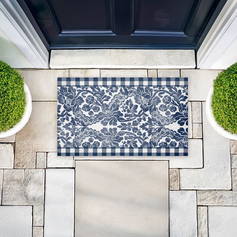 Kim Allen | Navy Gingham Florals Non-Woven Door Mat