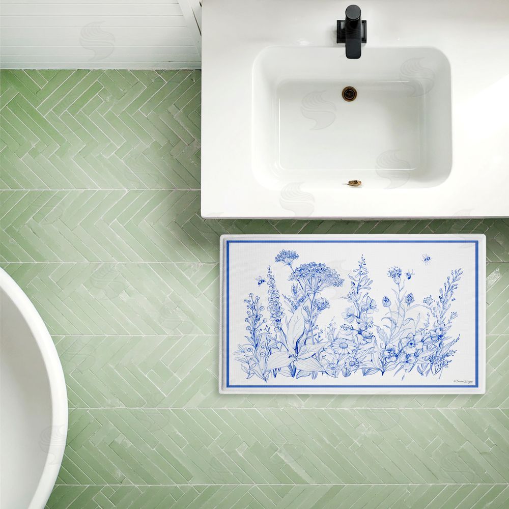 Susan Winget | Blue Toile Flowers Plush Bath Mat