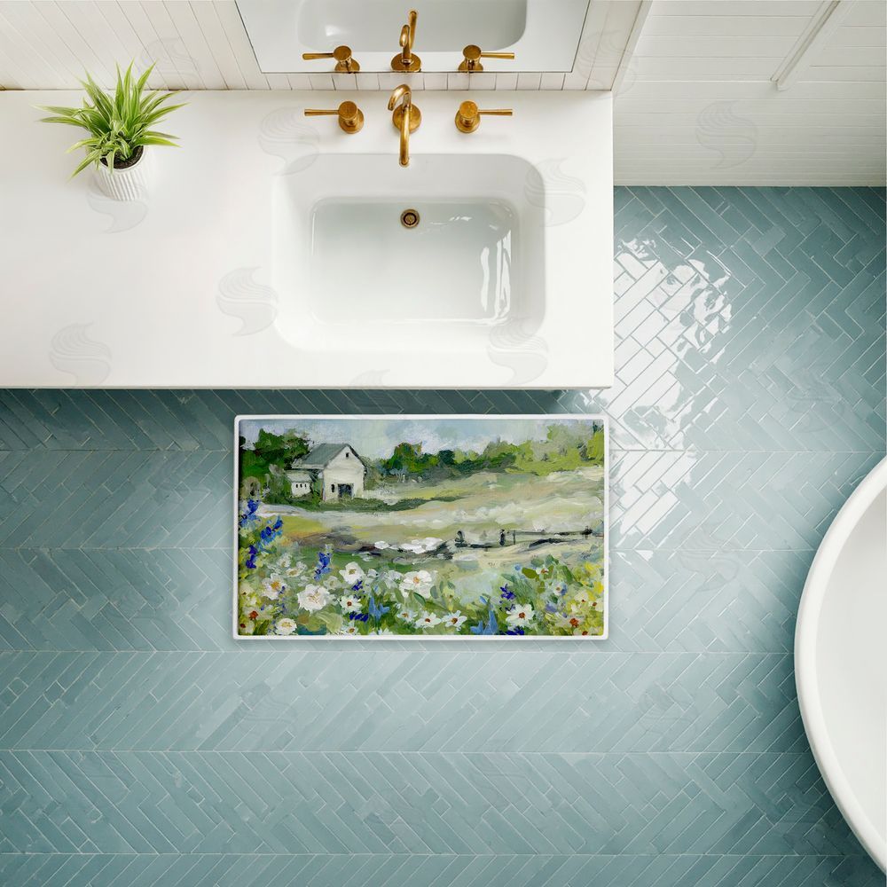 Susan Winget | Barn With White Flowers Plush Bath Mat