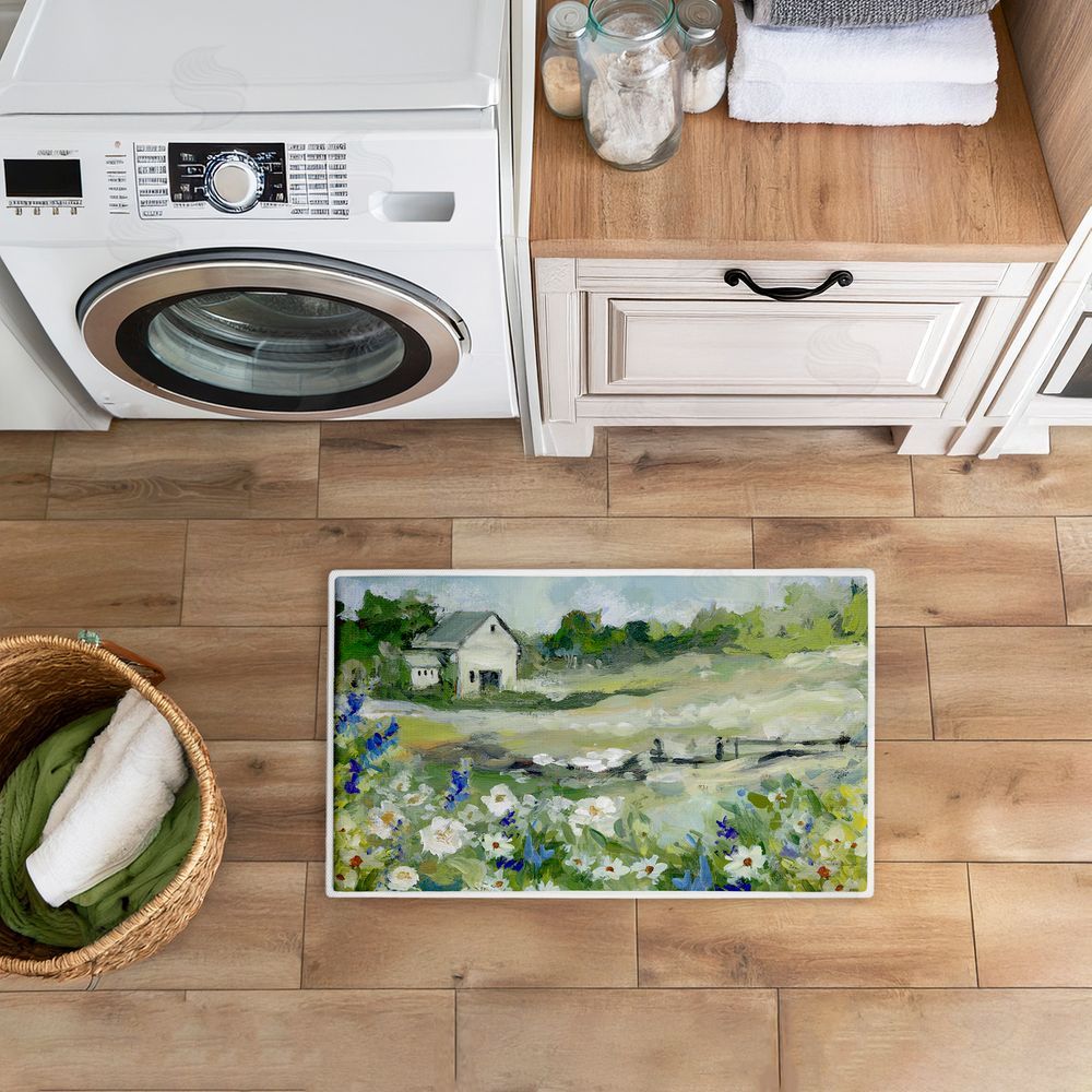 Susan Winget | Barn With White Flowers Plush Bath Mat