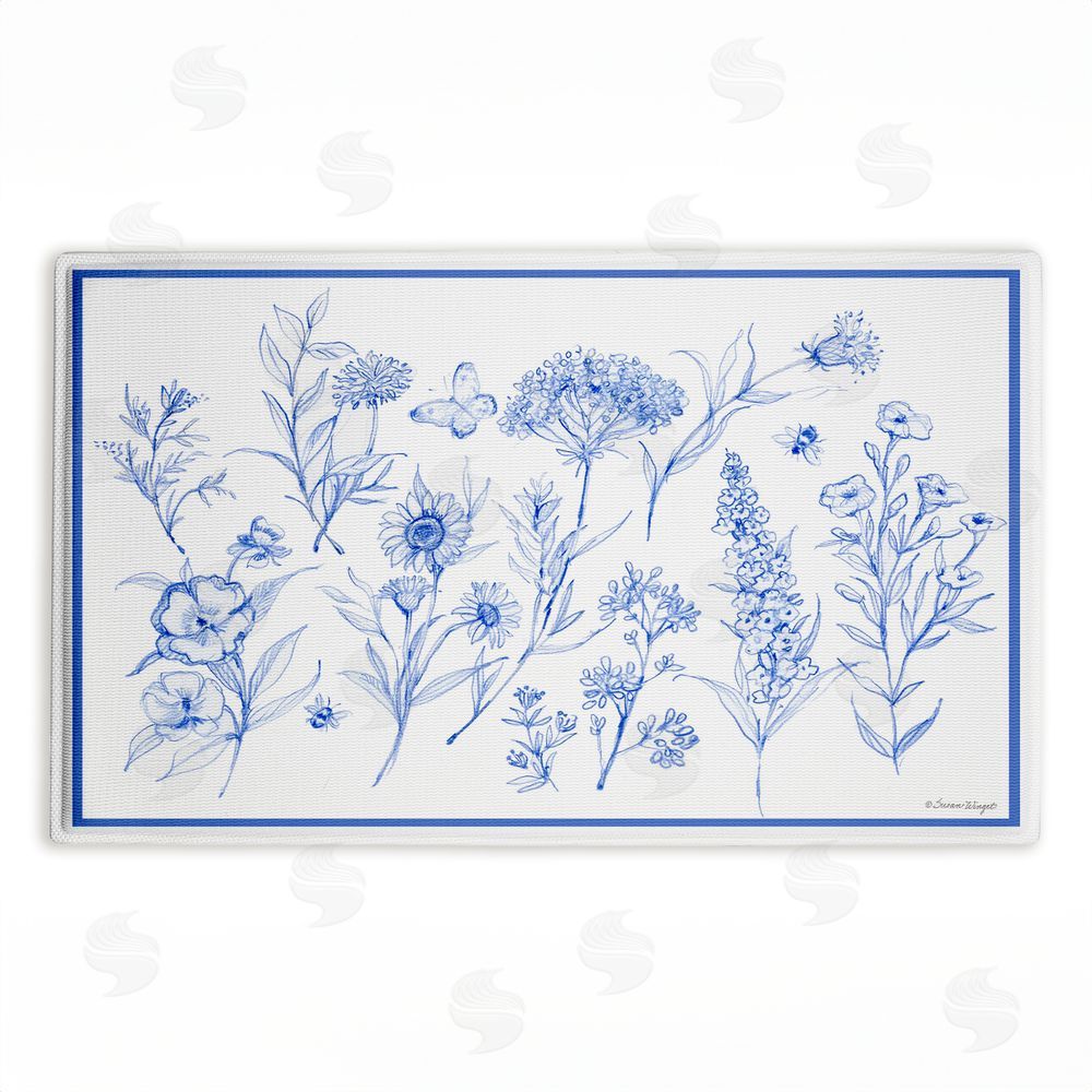 Susan Winget | Single Blue Flower Sprigs Plush Bath Mat