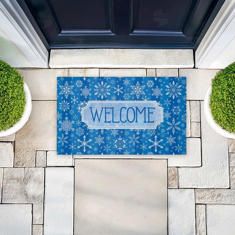 Tim Coffey | Welcome Blue Falling Snowflakes Non-Woven Door Mat
