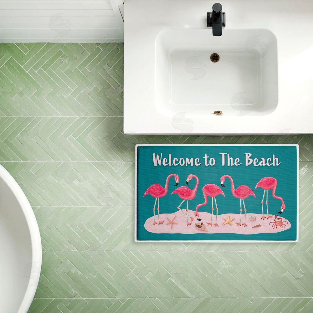 Darlene Seale | Flamingo Beach Greetings Plush Bath Mat