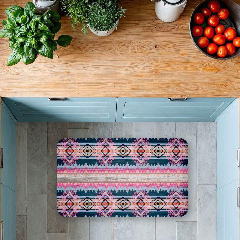 Jennifer Ellory | Boho Geometric Pink & Blue Anti-Fatigue Mat