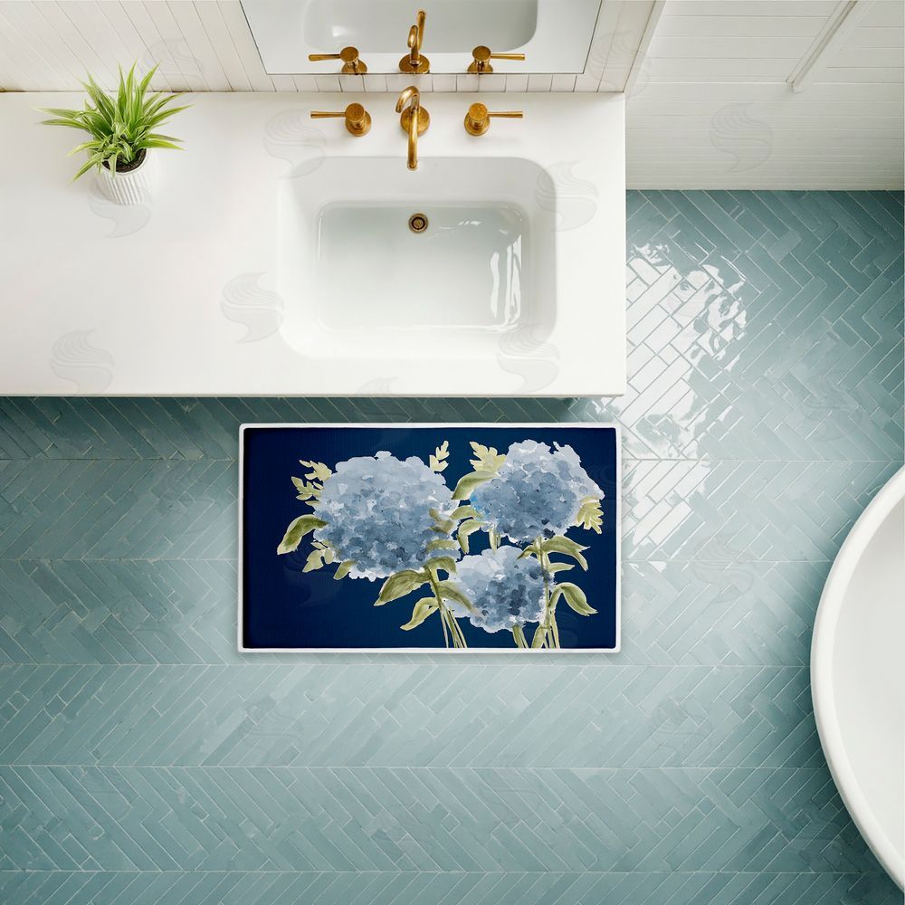 Janice Gaynor | Blue Hydrangeas Contrast Plush Bath Mat