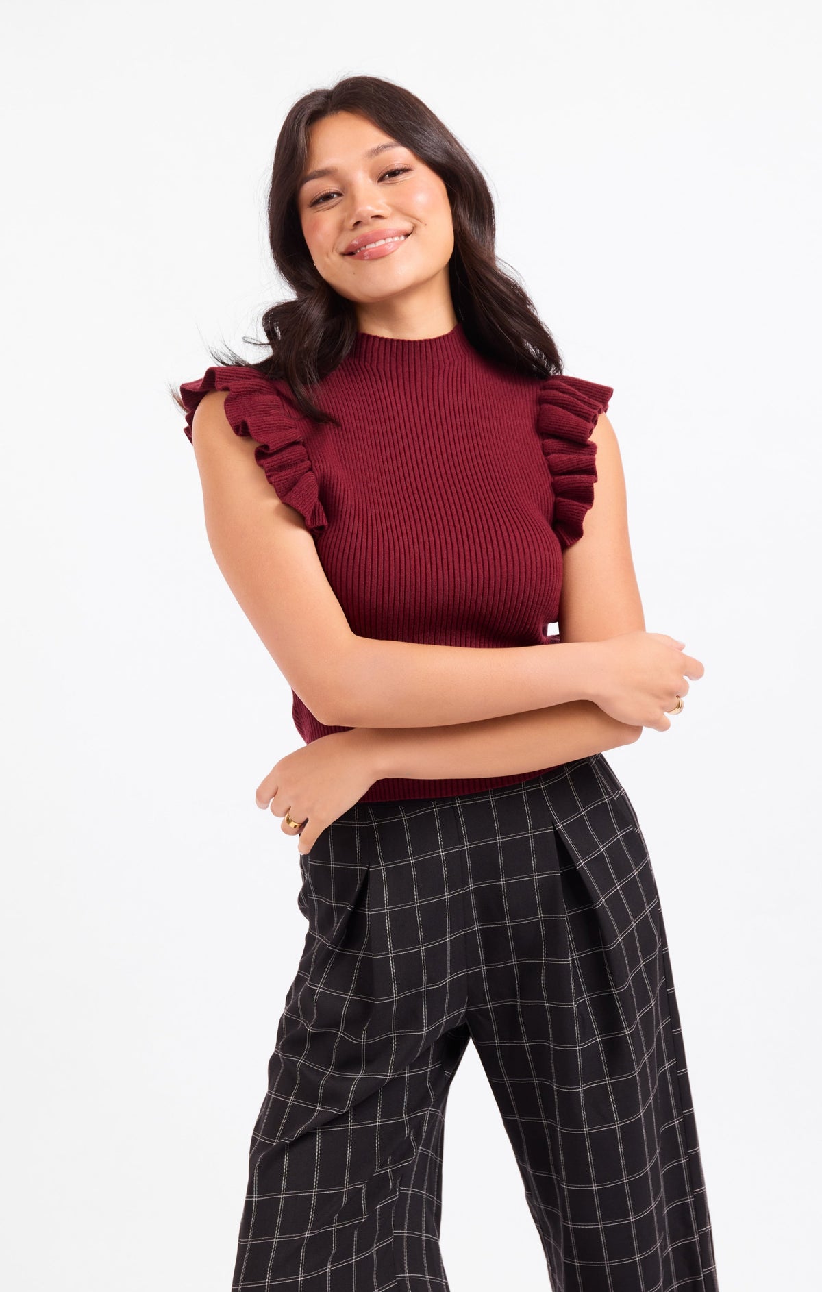 TIFFANY MOCKNECK RUFFLE TANK SWEATER