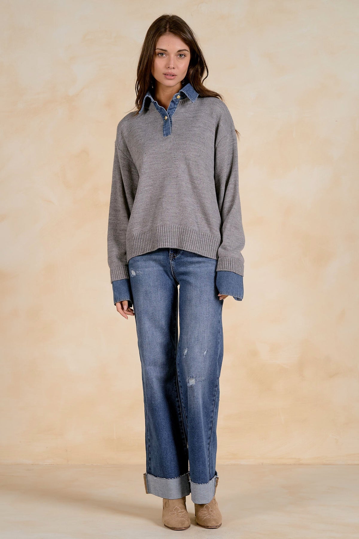 COLLARED DENIM SWEATER